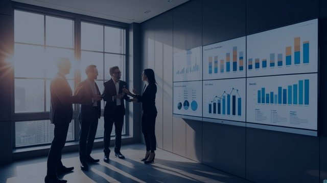 Team reviewing analytics dashboards on a wall display