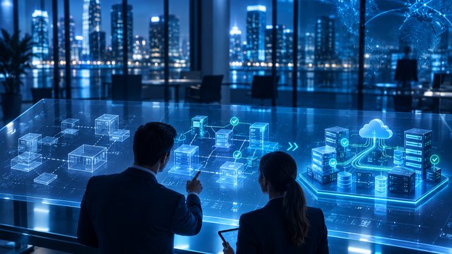 Team reviewing a holographic infrastructure and deployment diagram