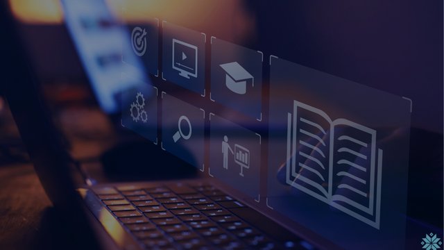 Laptop with learning and training icons overlaid