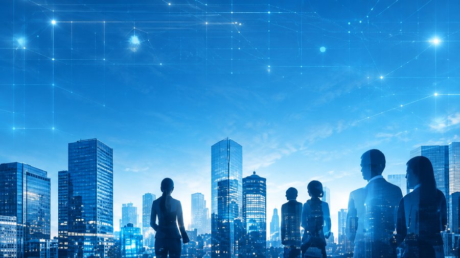 Business professionals looking out over a city skyline at dusk, representing the industries Iskratek serves