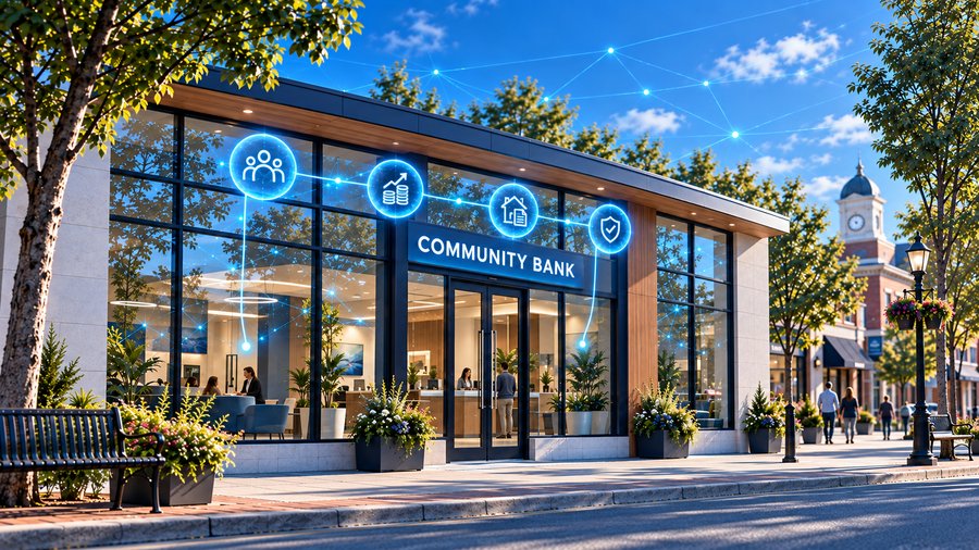 Modern community bank branch storefront on a tree-lined street