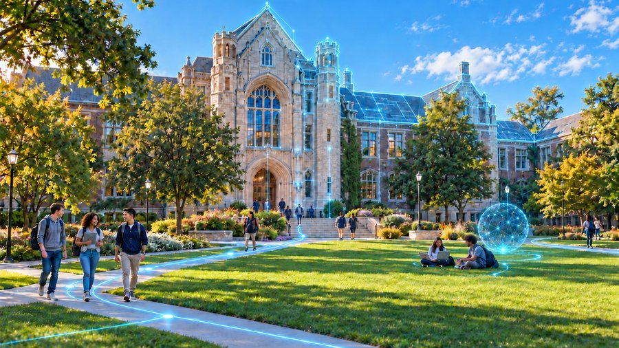 Students walking on a university campus with a historic academic building
