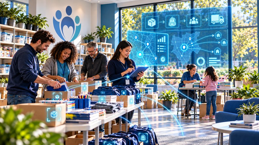 Volunteers packing school supplies and backpacks at a nonprofit donation center