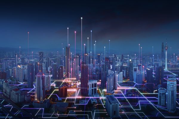Futuristic city skyline representing digital infrastructure