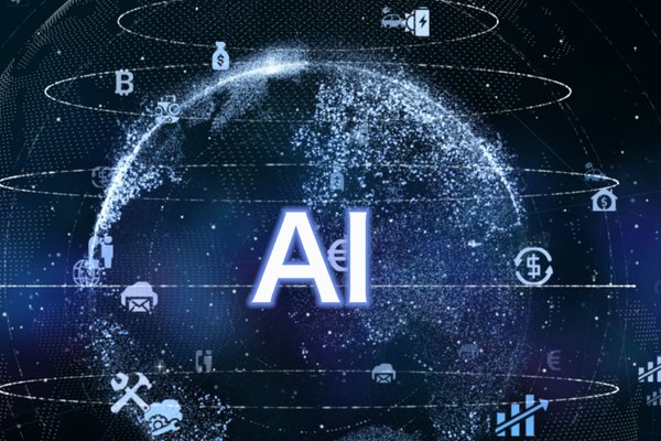 Glowing globe with AI and data icons representing AI-enabled workflows
