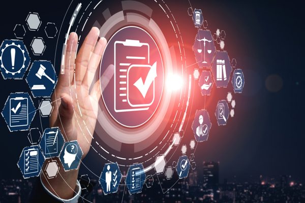 Hand interacting with a governance and readiness interface